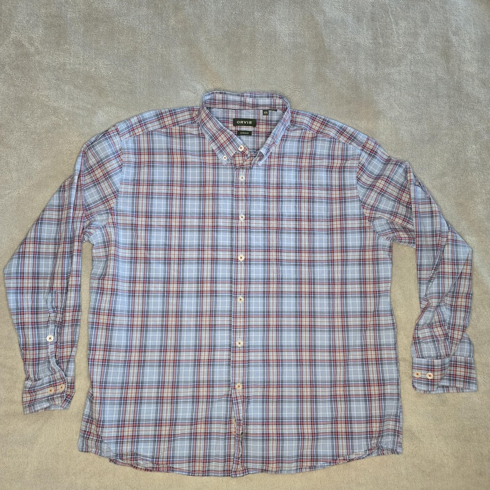 Orvis Button Up Shirt Mens 2XL Blue Plaid Heritage Wash Active Fit Cotton